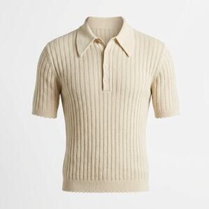 Polo Pointelle Mesh SZ L American Knit Ivory Dagger Collar Grandpacore 70s VTG